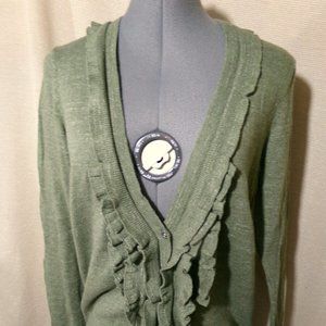 EDDIE BAUER Cardigan sweater S Olive Green Ruffled V-neck Tight-knit Long sleeve
